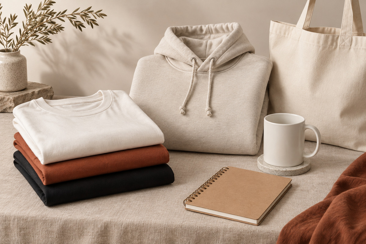 Blank t-shirts, hoodie, tote bag, mug, and notebook for print on demand designs