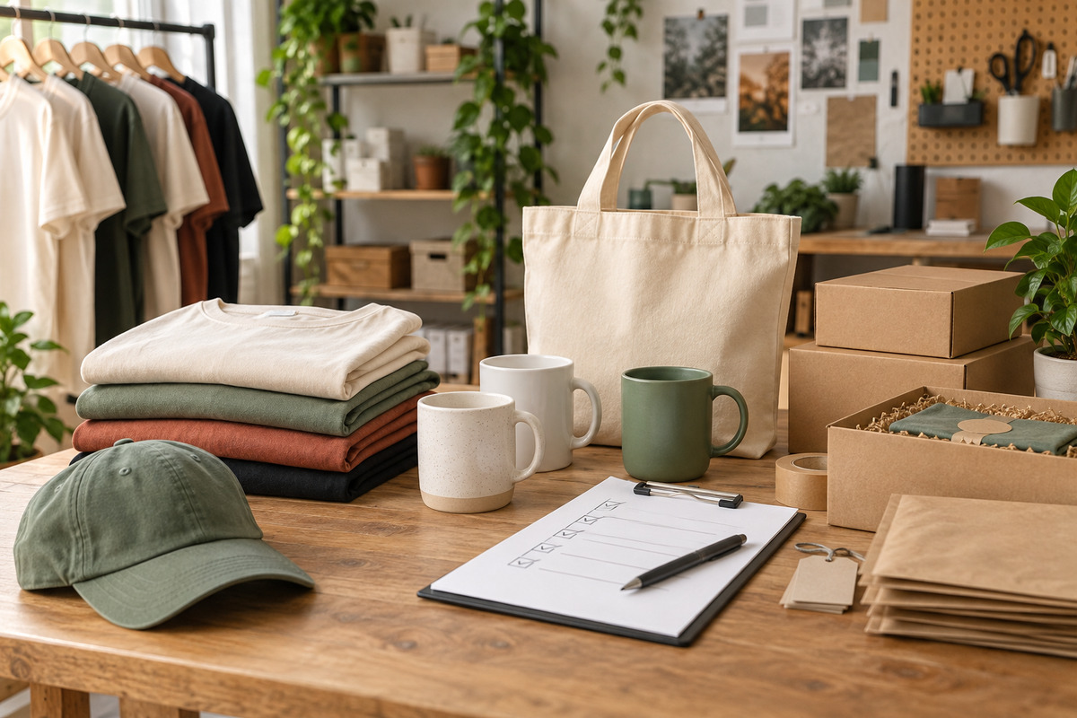 Print on demand supplier essentials arranged in a small business studio
