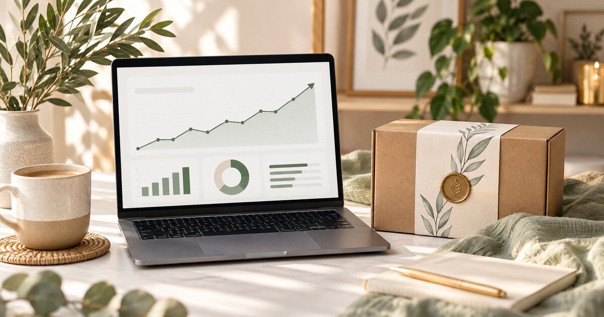 Etsy conversion dashboard showing views, carts, and sales on a laptop