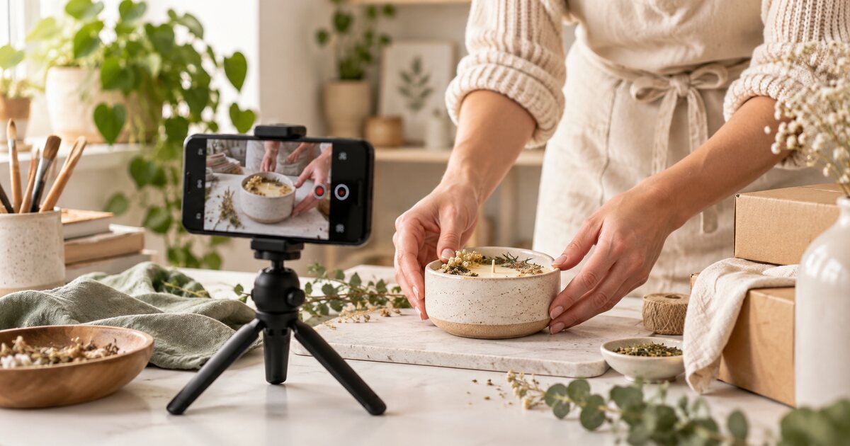 Etsy seller filming a close-up product demonstration with a smartphone