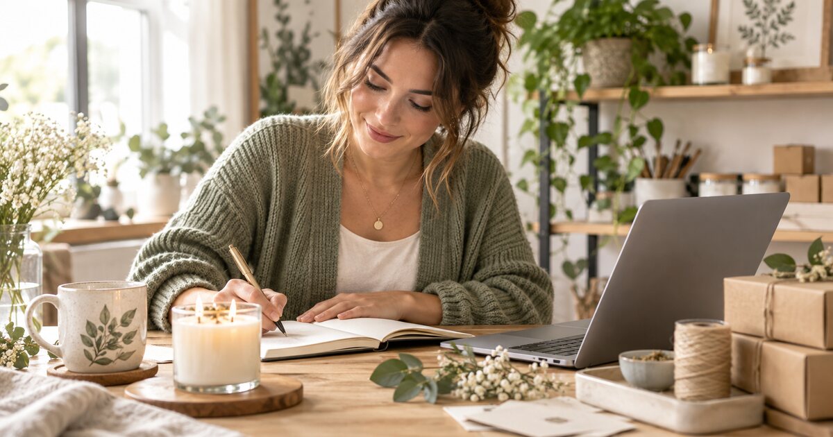 Seller writing clear Etsy product details beside a handmade product