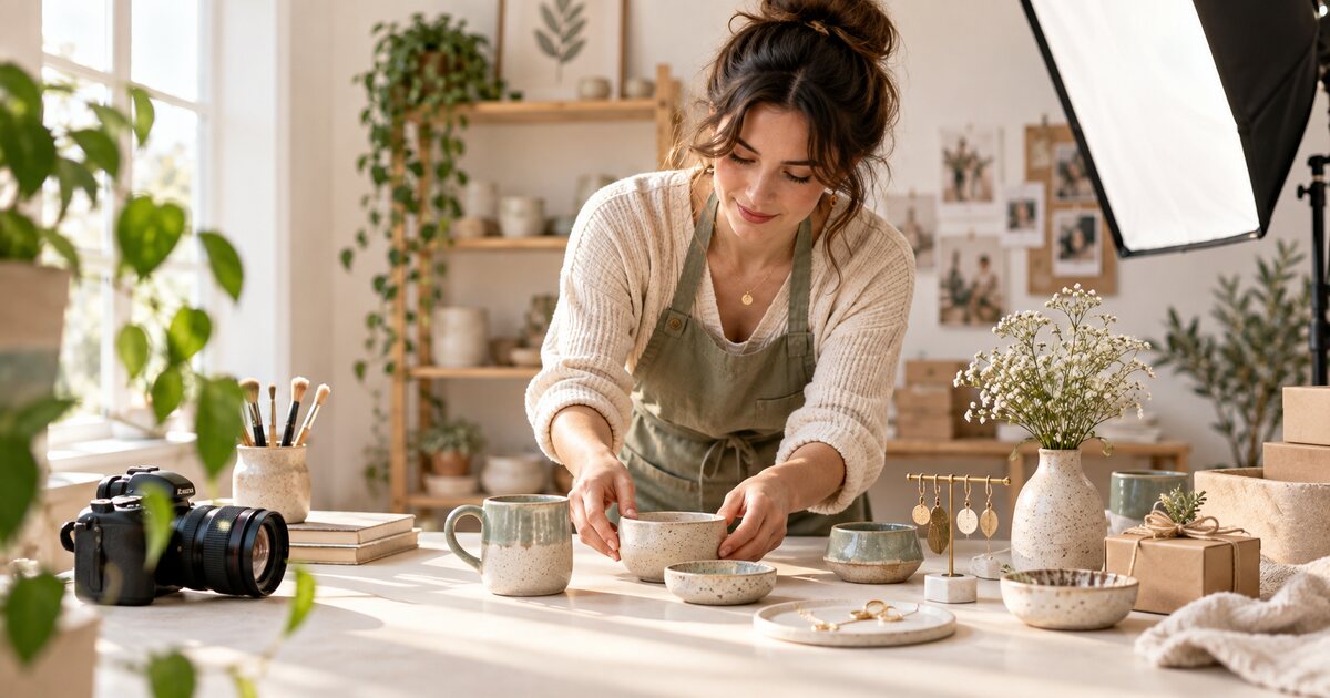 Etsy seller arranging handmade products for a clean product photo setup