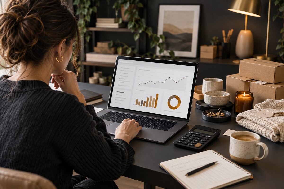 Etsy seller reviewing sales and profit margins with a calculator and product samples