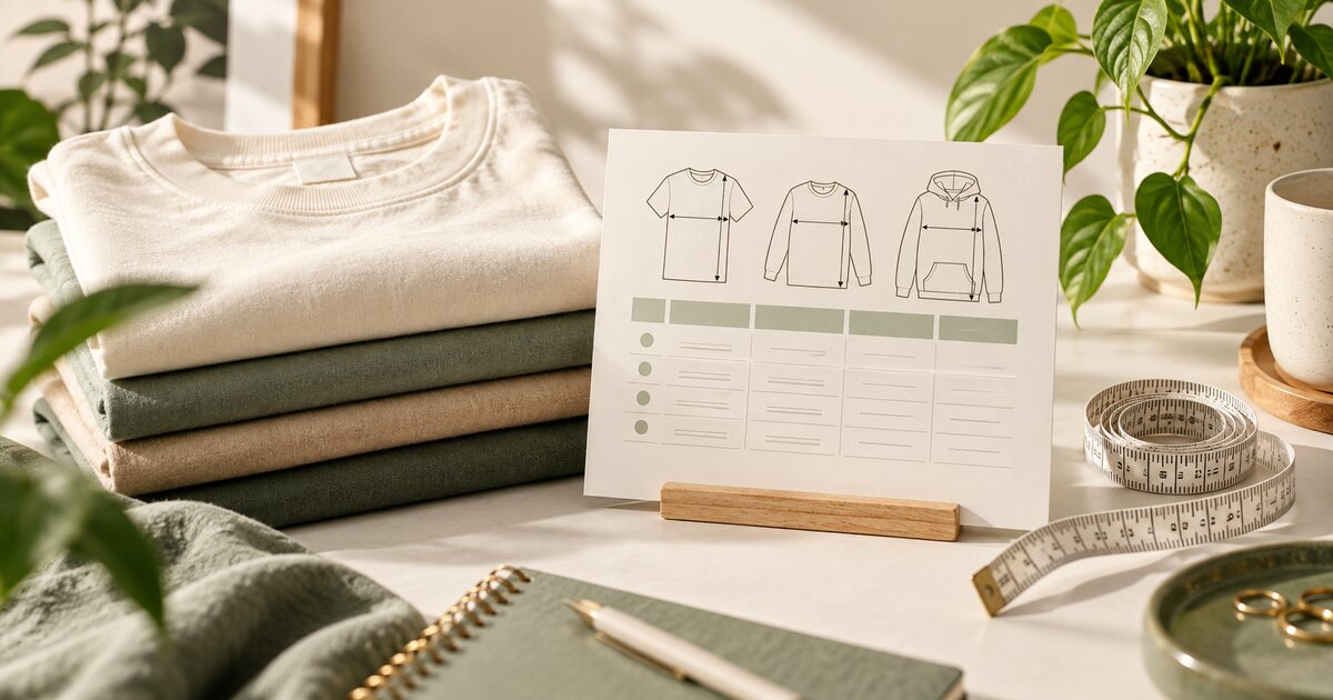 Clear handmade apparel size chart displayed beside a product sample