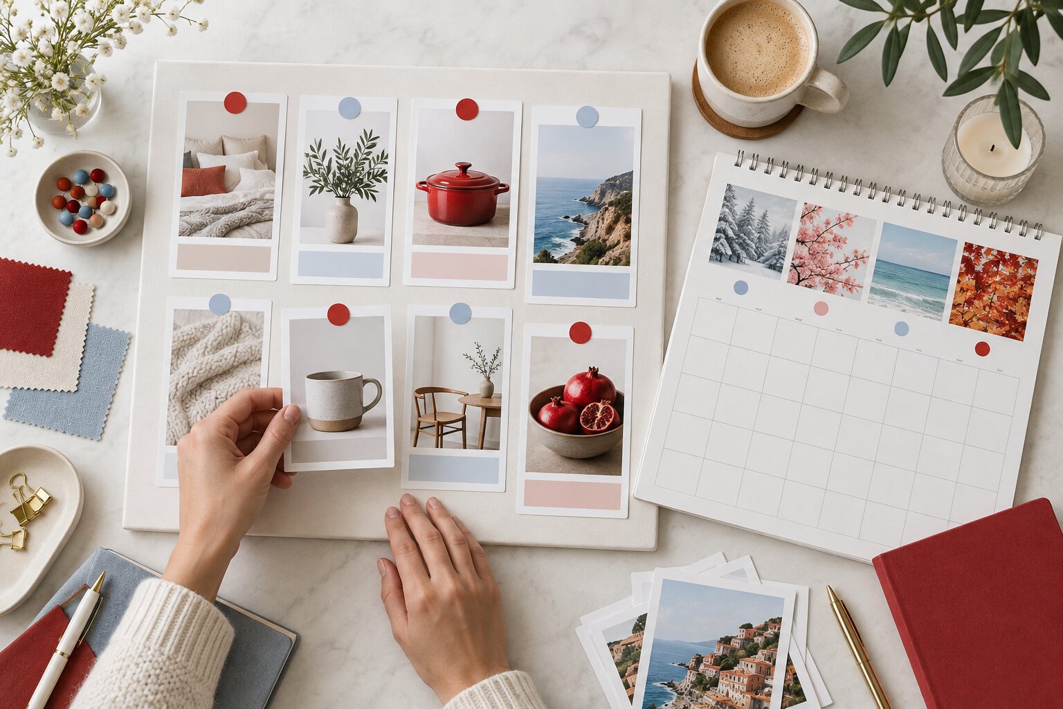 Fresh Pinterest pin designs arranged on a creative workspace