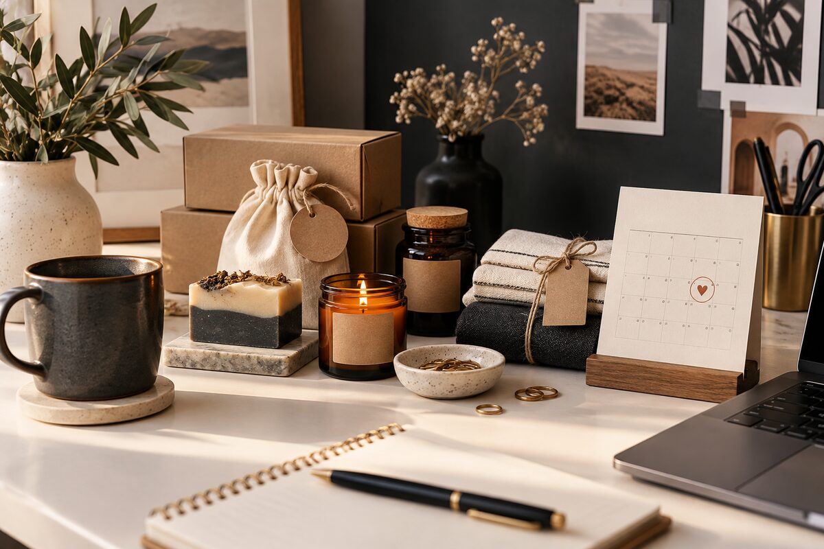 New Etsy shop launch collection arranged on a clean studio desk