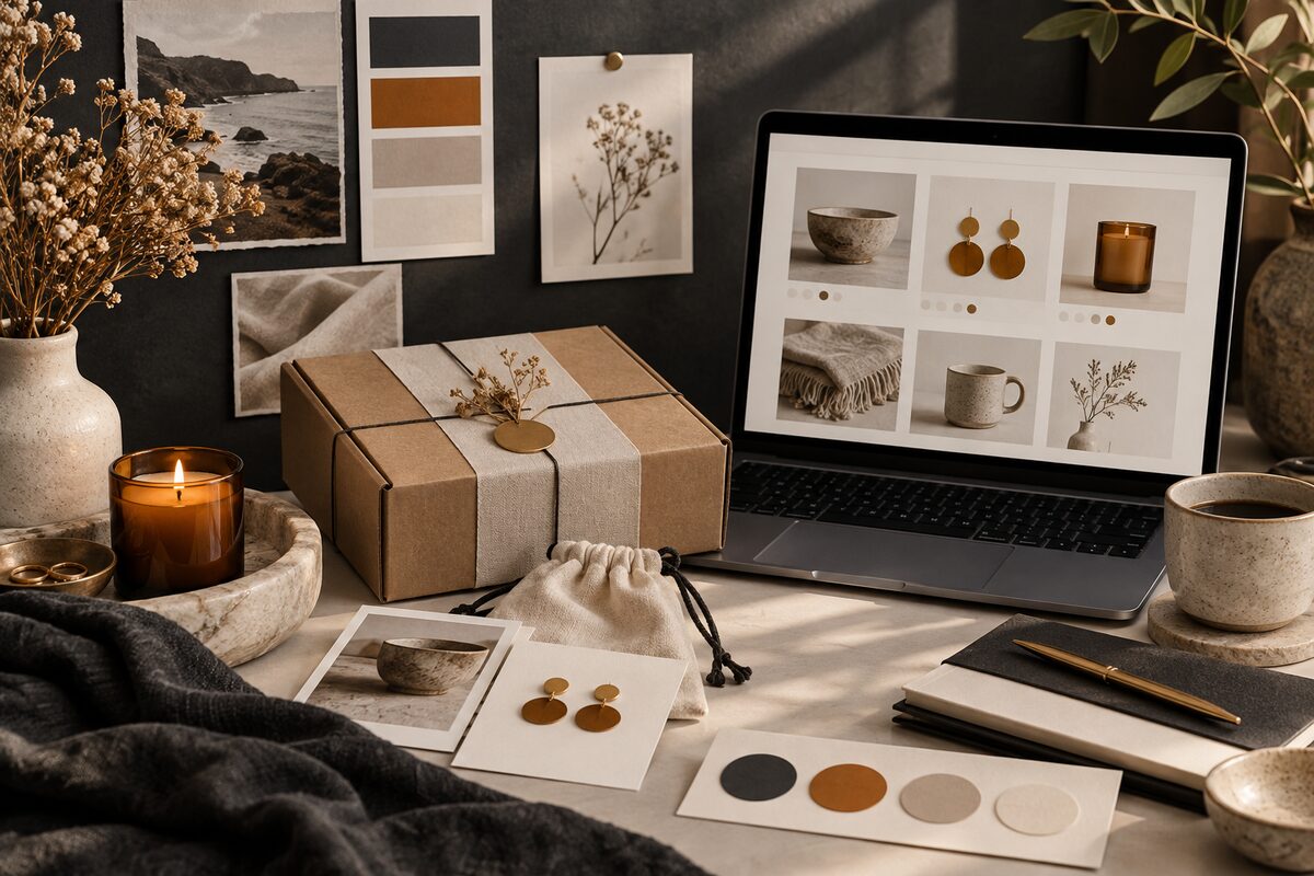 Etsy shop brand system with packaging, product cards, and color swatches