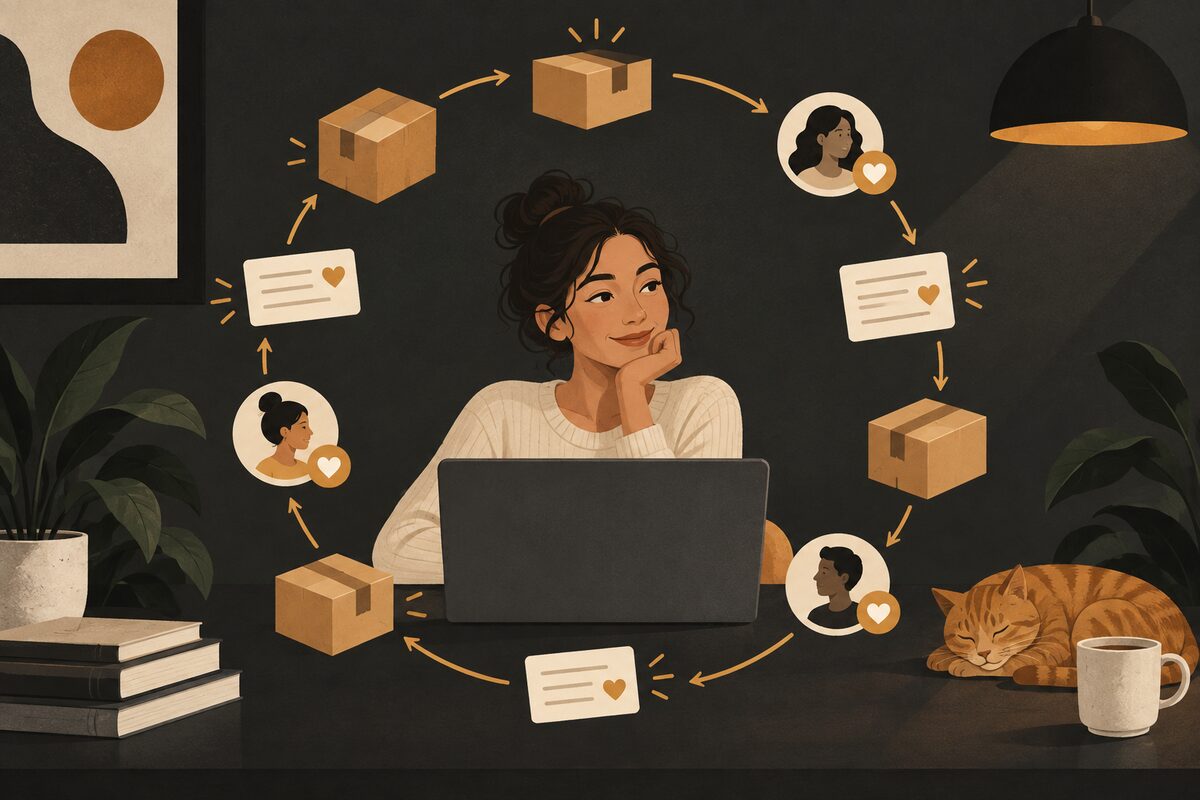 Etsy seller building an email list with signup cards and a laptop