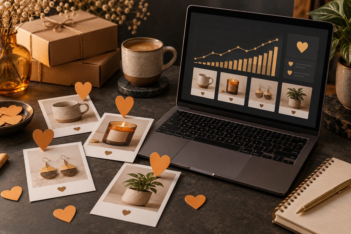 Entrepreneur choosing an Etsy shop name with notes and a laptop