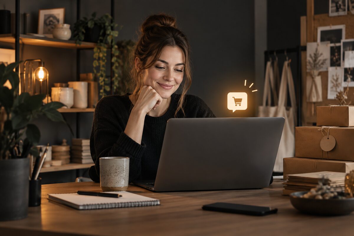New Etsy seller preparing a first order at a laptop workspace