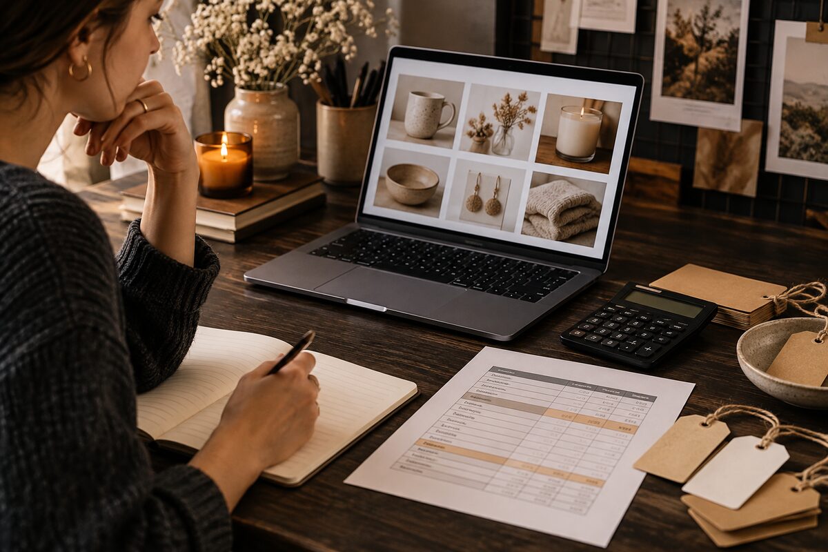 Etsy coupon planning with price tags, calculator, and product samples