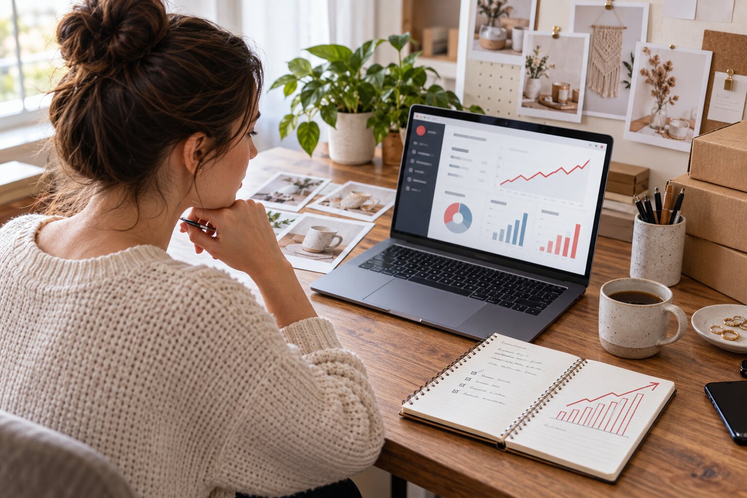 Pinterest analytics review beside Etsy product thumbnails