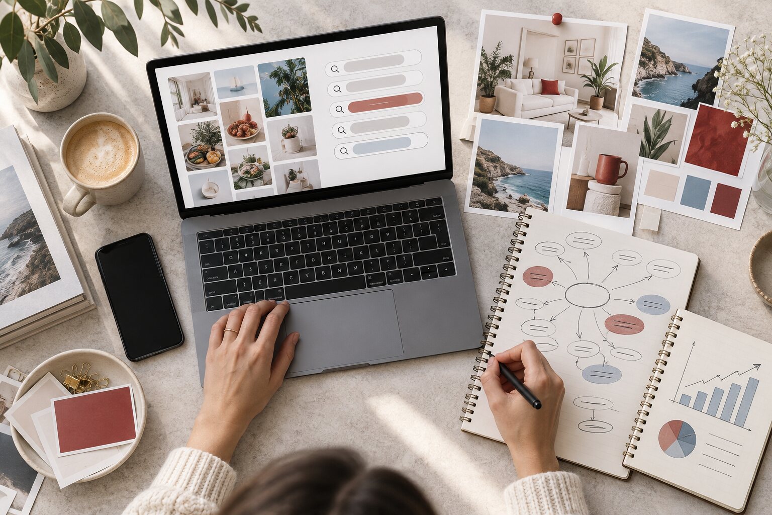 Pinterest keyword research workspace with product ideas and search notes