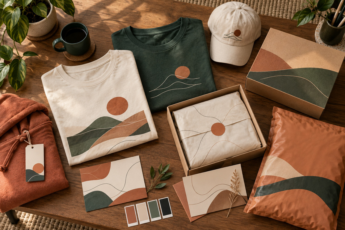 Cohesive print on demand brand system with apparel, packaging, and color swatches