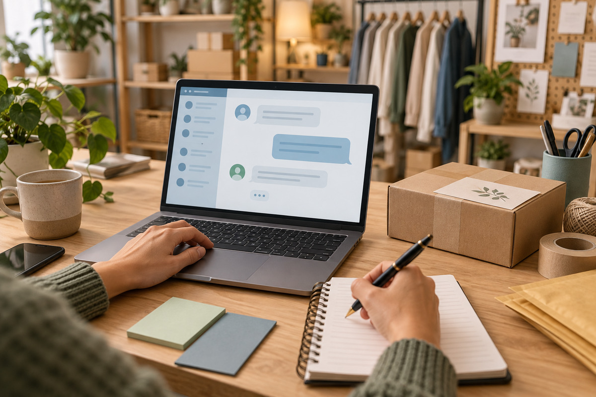 Seller resolving a customer support issue beside a POD package