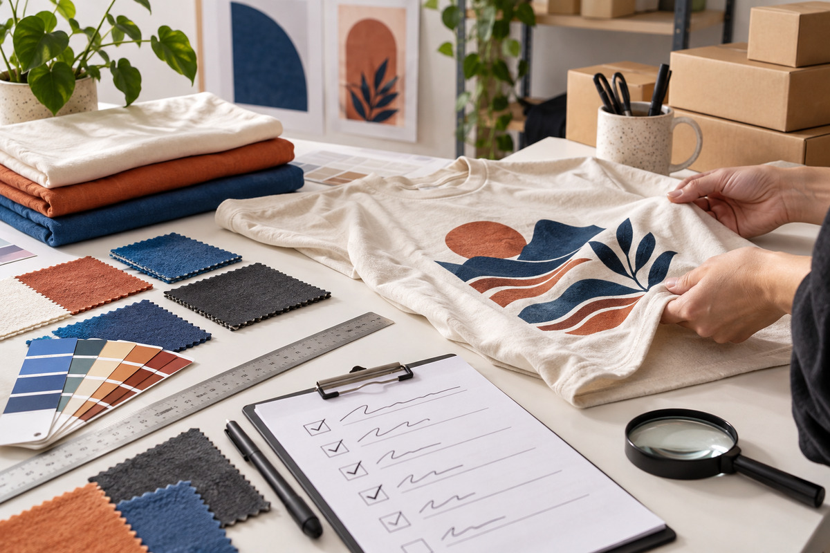 Print on demand quality control workspace with fabric swatches and inspection checklist