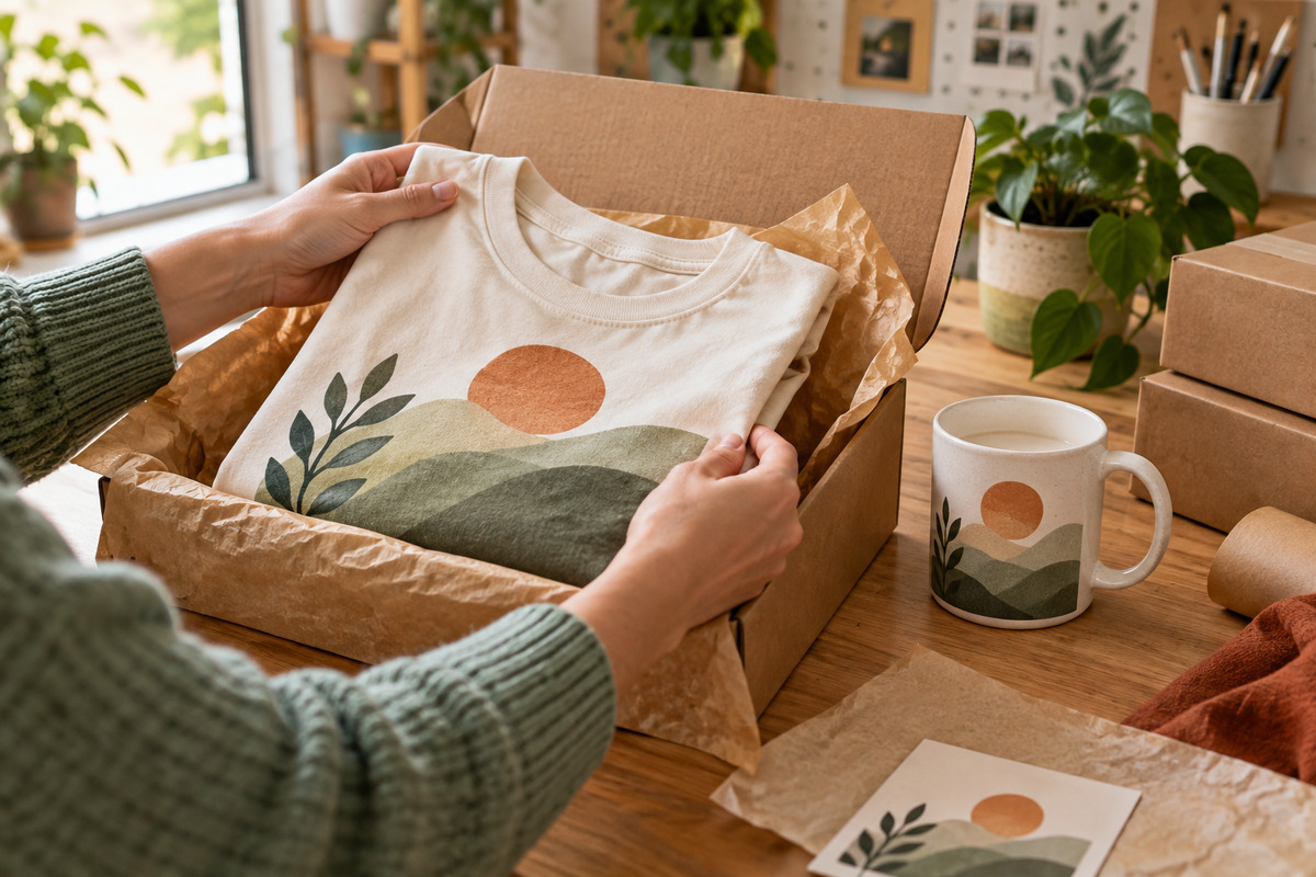 Creator inspecting a print on demand shirt sample in a home studio