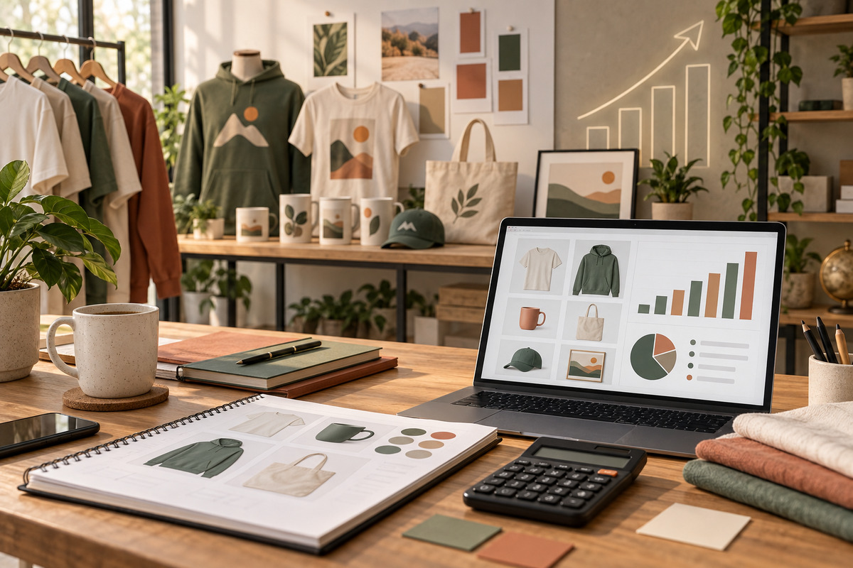 POD catalog planning workspace with products, calculator, and margin chart