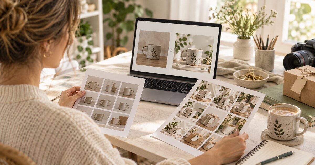 Seller refreshing an older Etsy listing on a laptop with product photos nearby